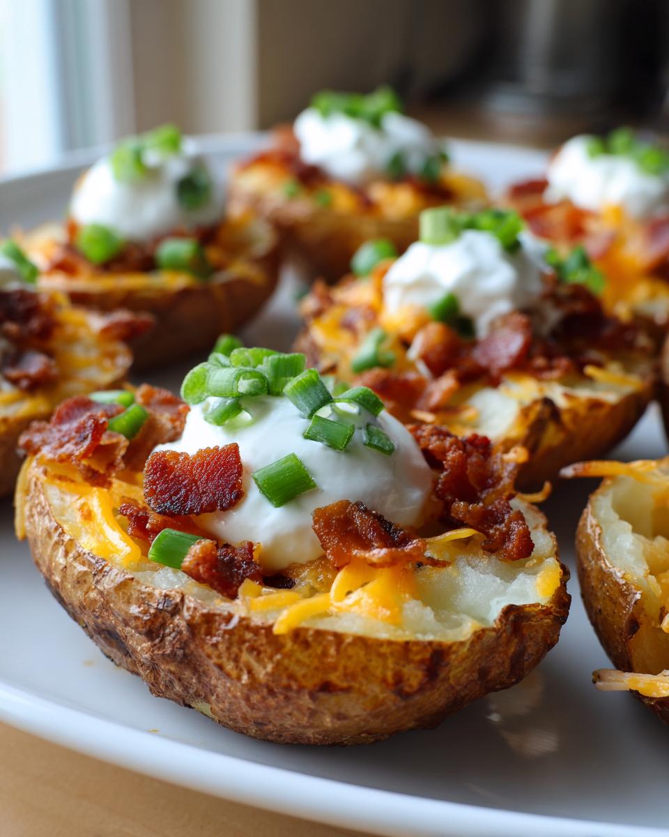 Close-up of crispy potato skins loaded with melted cheese, bacon bits, sour cream, and green onions.