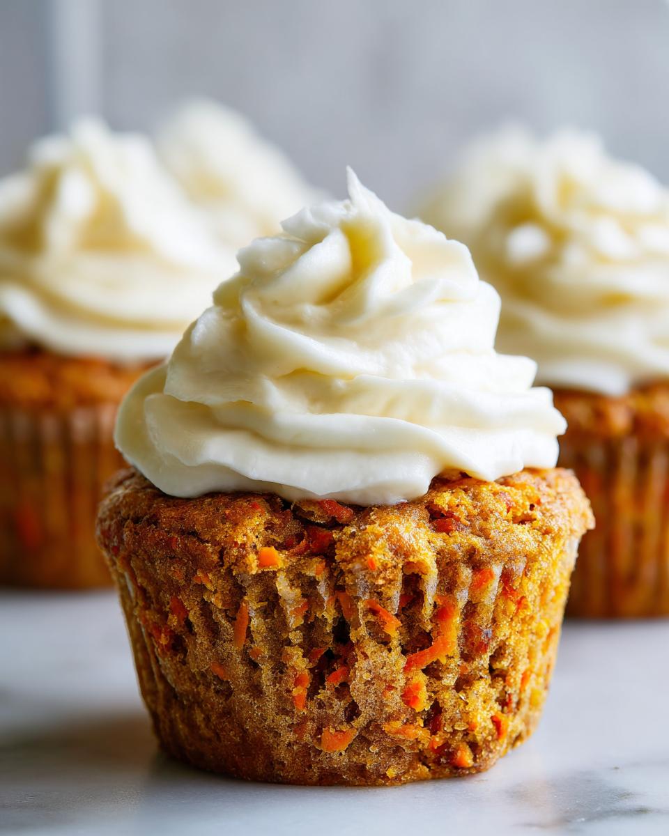 A close-up of a moist carrot cake muffin topped with a swirl of thick cream cheese frosting. Perfect carrot cake muffins.