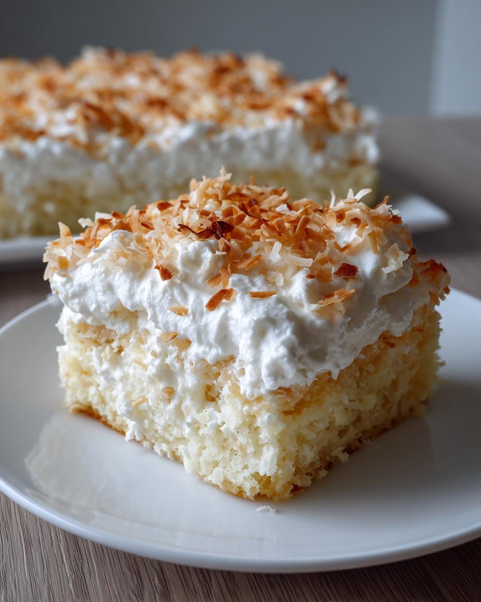 A square slice of moist coconut poke cake topped with whipped cream and toasted coconut flakes.