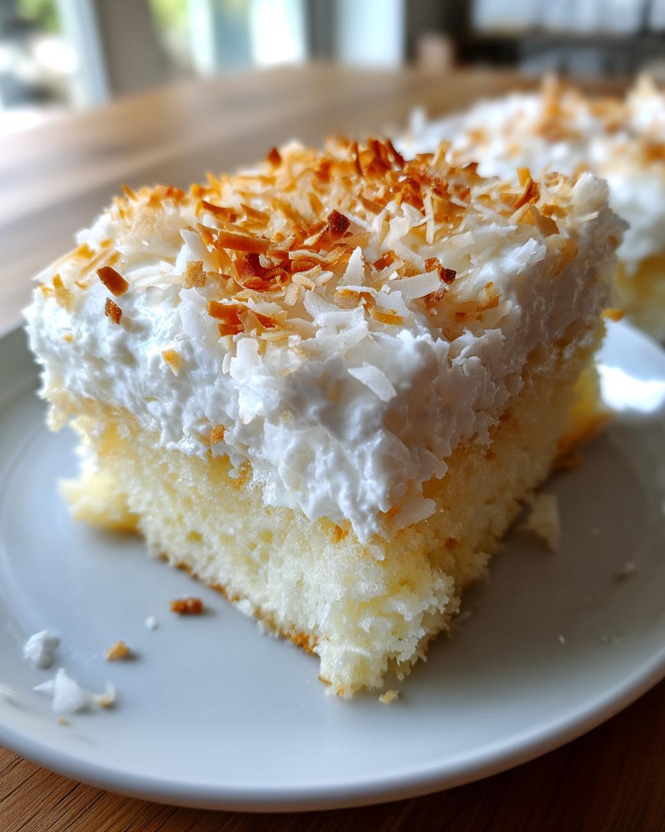 A close-up of a moist slice of coconut poke cake topped with whipped cream and toasted coconut flakes.