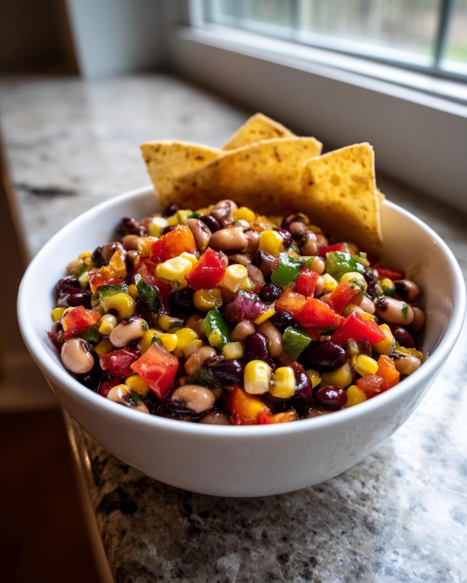 A white bowl filled with colorful cowboy caviar, featuring black beans, corn, peppers, and tomatoes, served with tortilla chips.