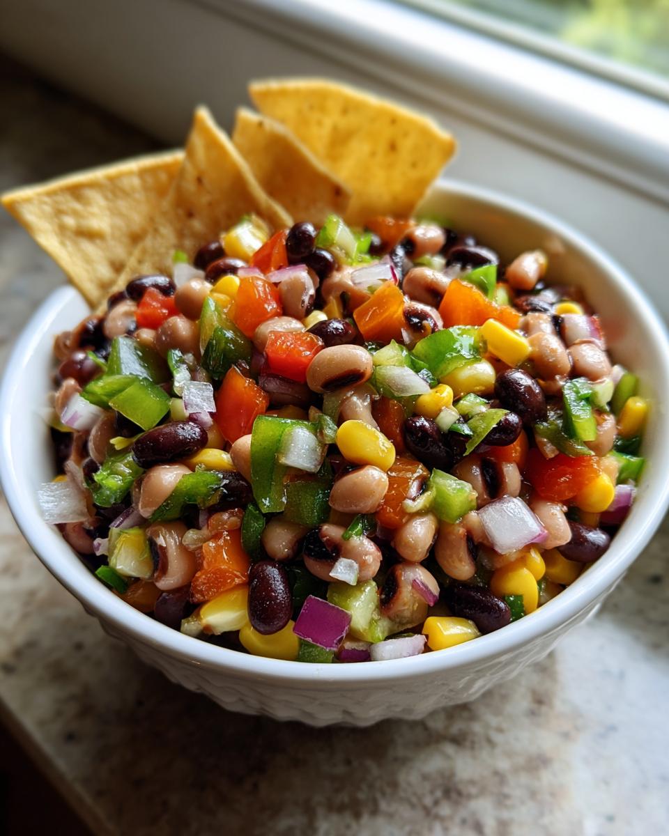 A white bowl filled with vibrant cowboy caviar, featuring black beans, corn, and chopped peppers, served with tortilla chips.