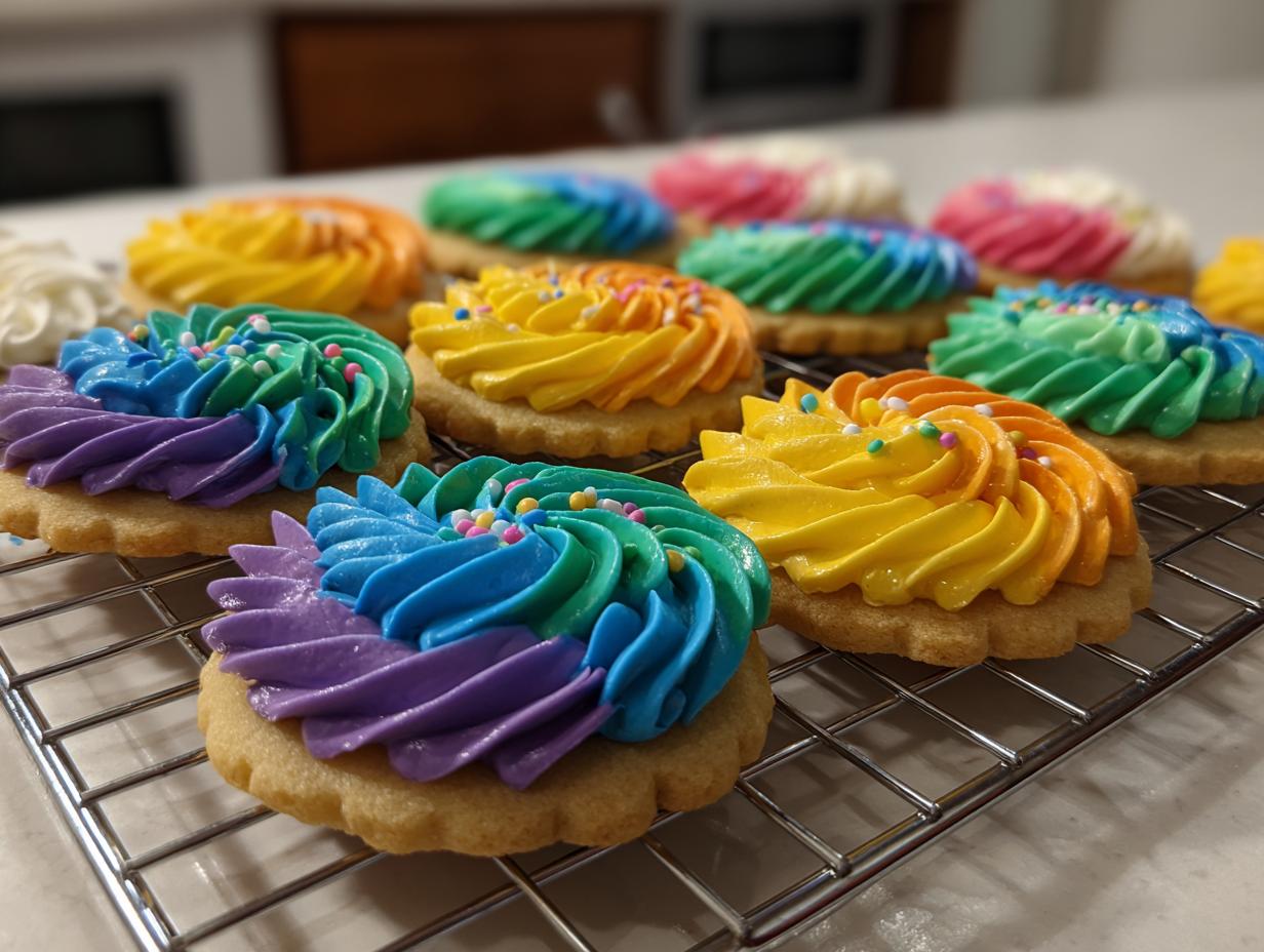 Close-up of sugar cookies topped with vibrant, rainbow-colored cookie icing piped in a swirl pattern.
