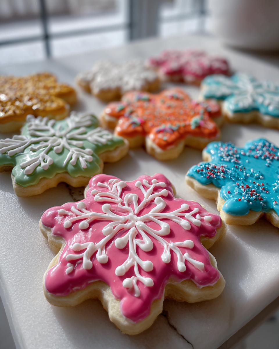 Close-up of colorful snowflake sugar cookies decorated with smooth, vibrant cookie icing and white piping.