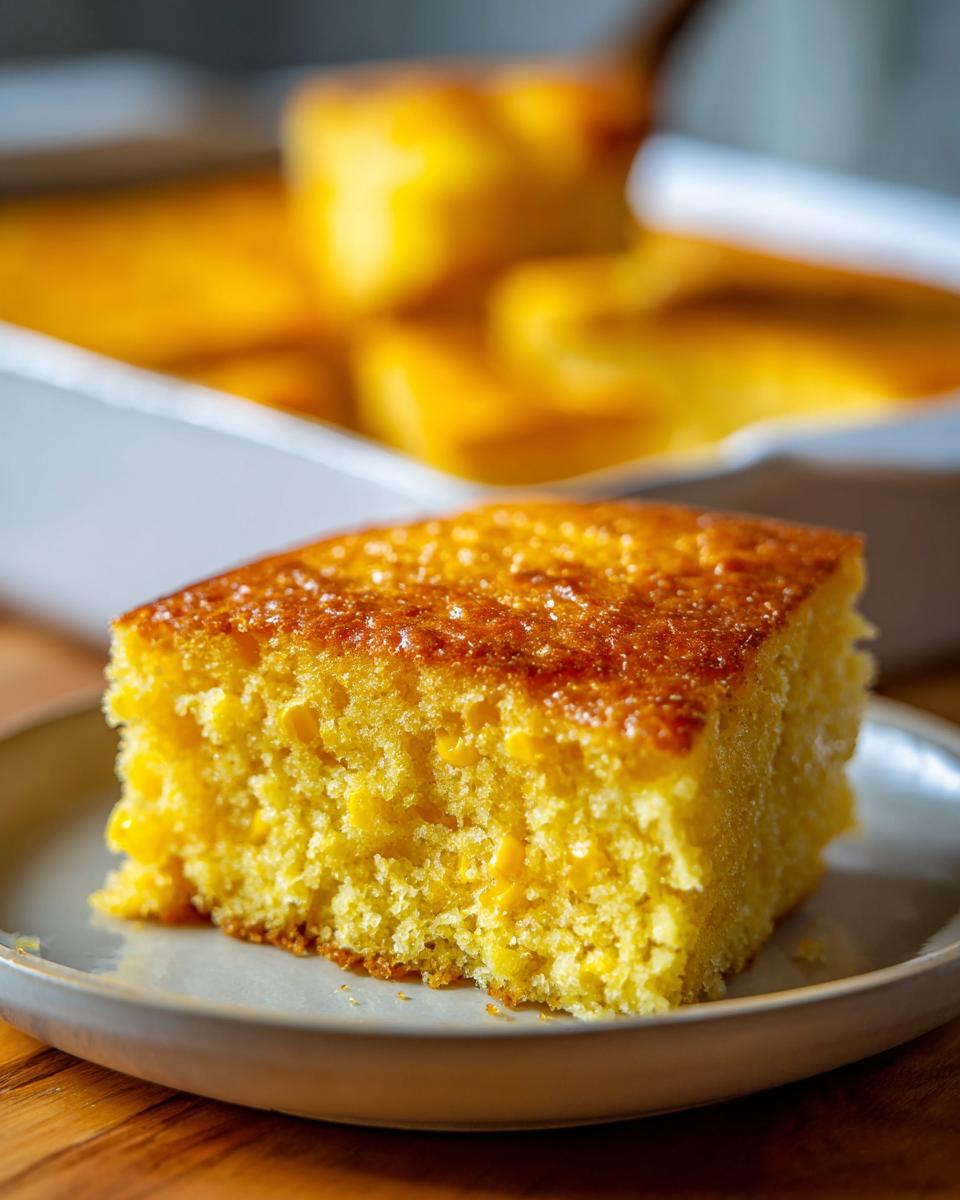 Close-up of a square slice of moist, golden cornbread casserole with visible corn kernels on a small plate.
