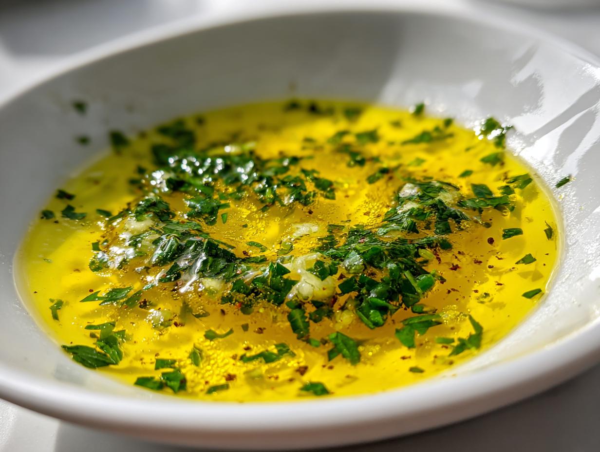 Close-up of melted butter mixture with garlic and chopped parsley, perfect for cowboy butter dipping sauce.