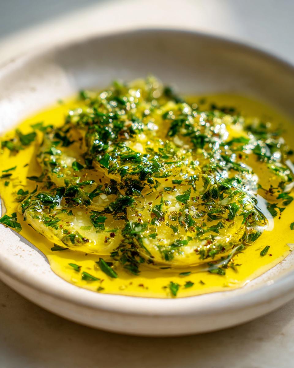 Close-up of melted cowboy butter dipping sauce with herbs and spices pooled in a small dish.