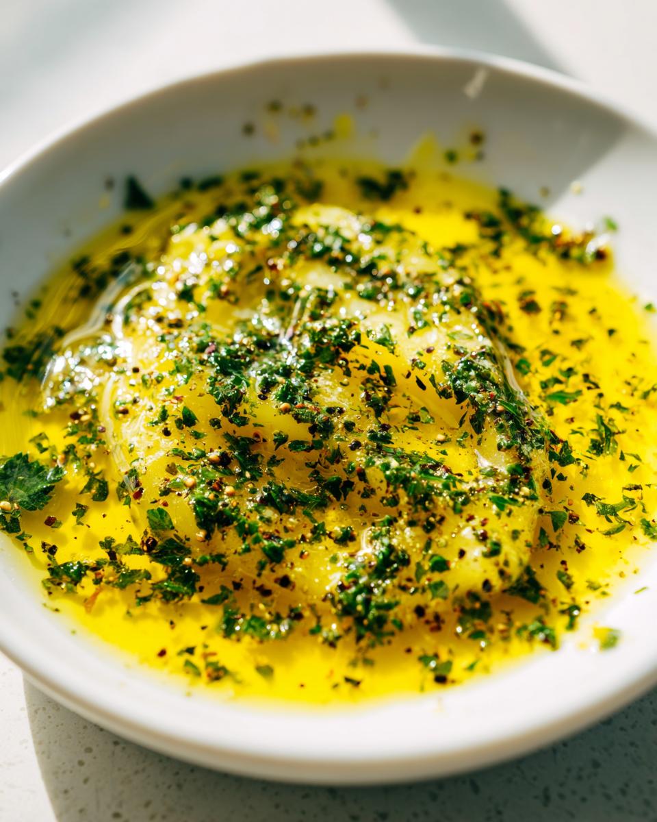 Close-up of melted butter topped generously with chopped parsley and spices, ready to serve as cowboy butter dipping sauce.