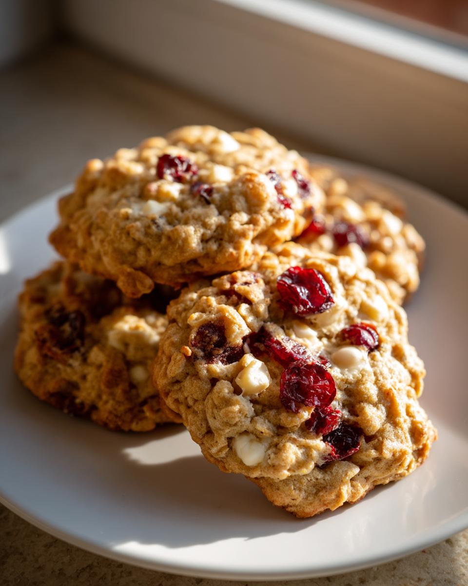 A stack of three freshly baked cranberry oatmeal cookies featuring visible dried cranberries and white chocolate chips.