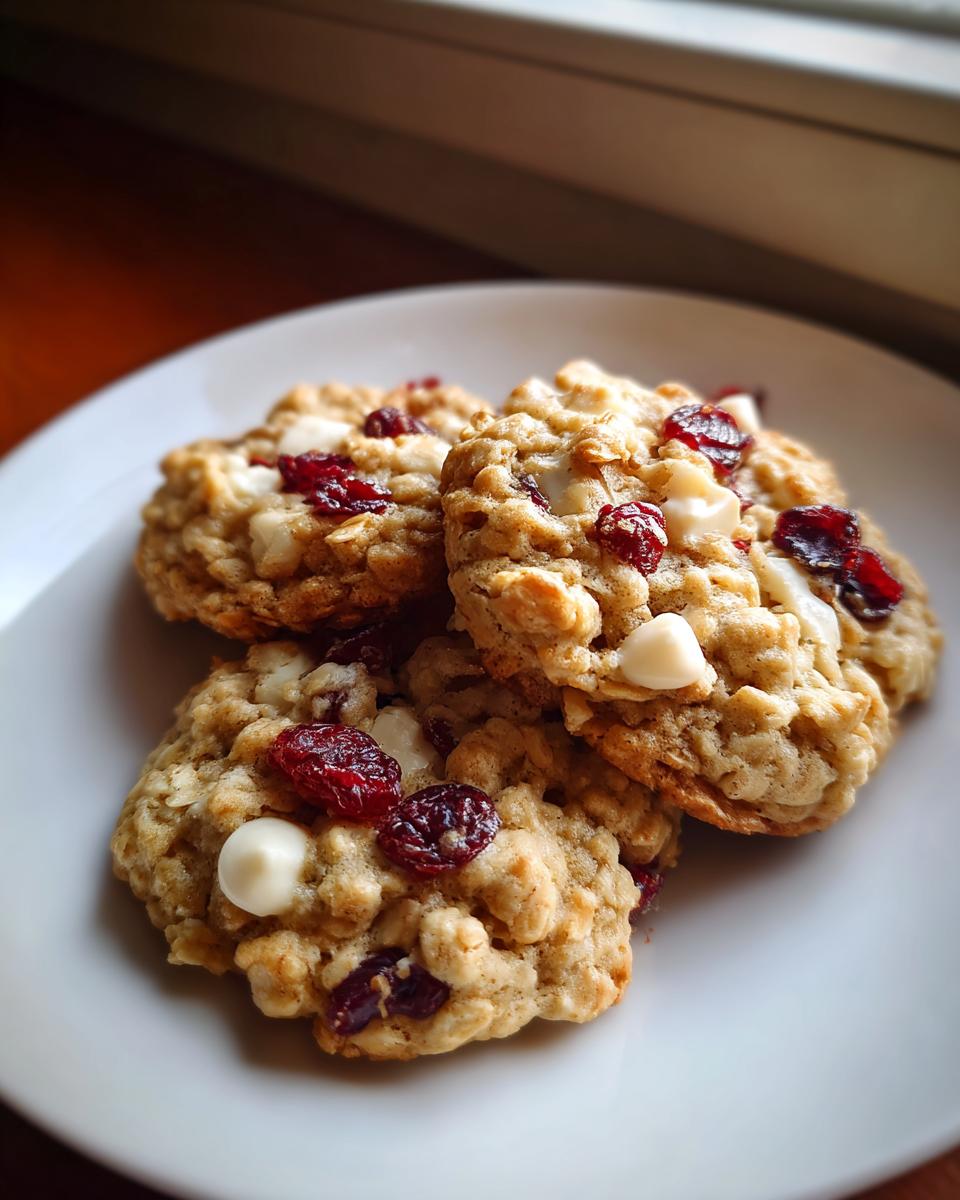 Three freshly baked cranberry oatmeal cookies with white chocolate chips stacked on a white plate.