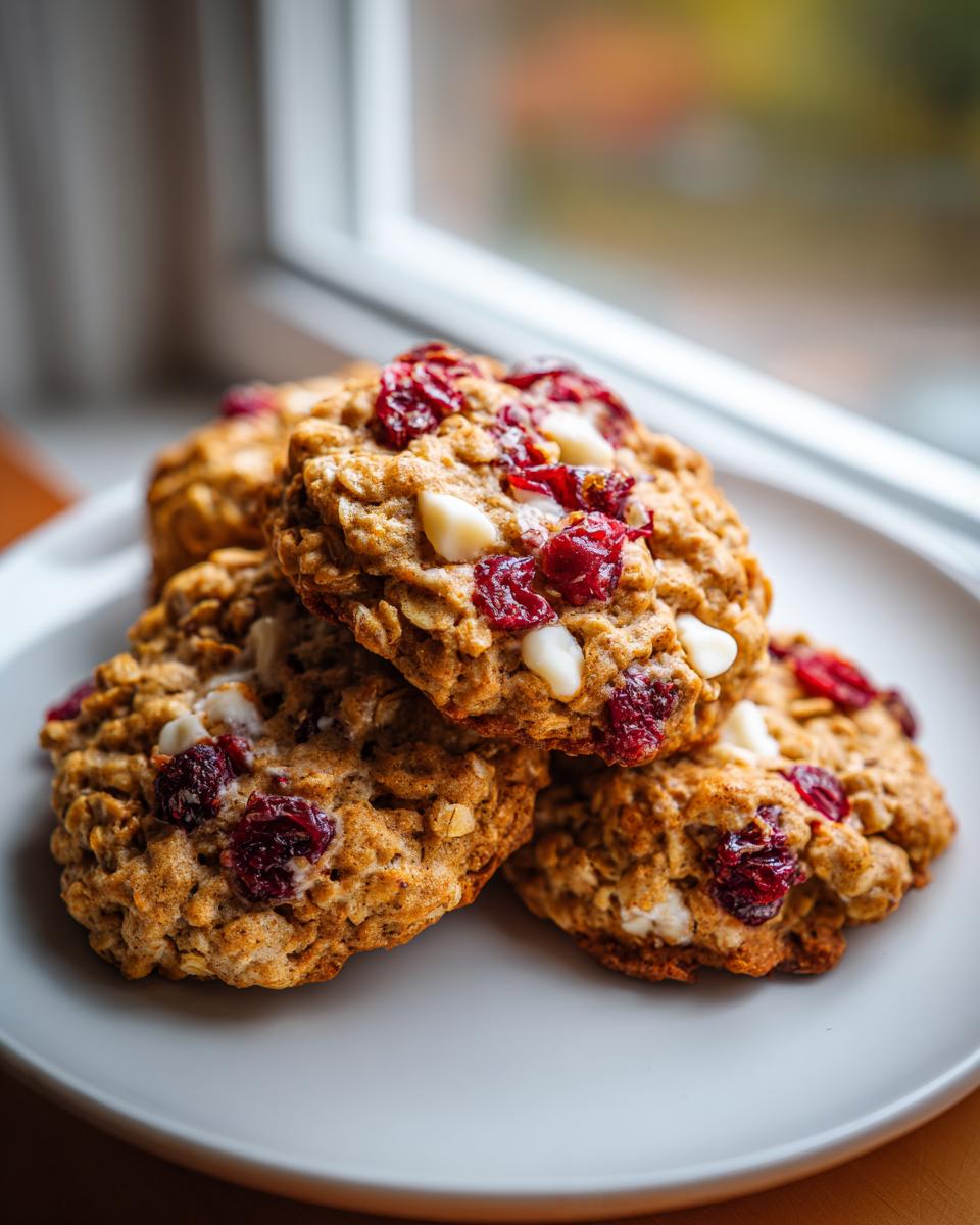 A stack of freshly baked cranberry oatmeal cookies featuring visible oats, dried cranberries, and white chocolate chips on a light plate.
