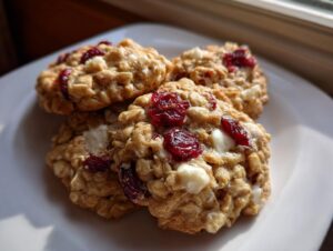 Three freshly baked cranberry oatmeal cookies featuring visible oats, bright red dried cranberries, and white chocolate chips on a white plate.