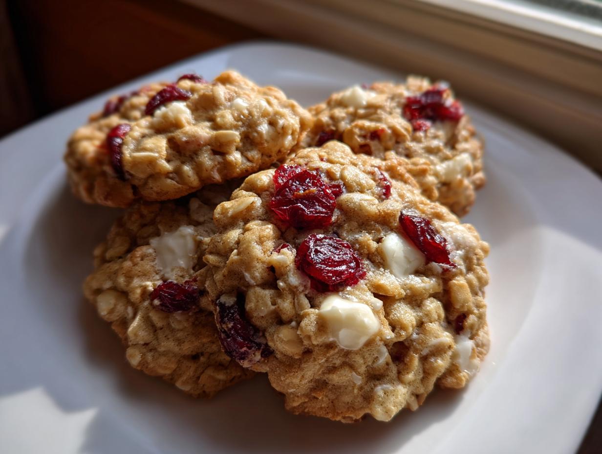 Three freshly baked cranberry oatmeal cookies featuring visible oats, bright red dried cranberries, and white chocolate chips on a white plate.