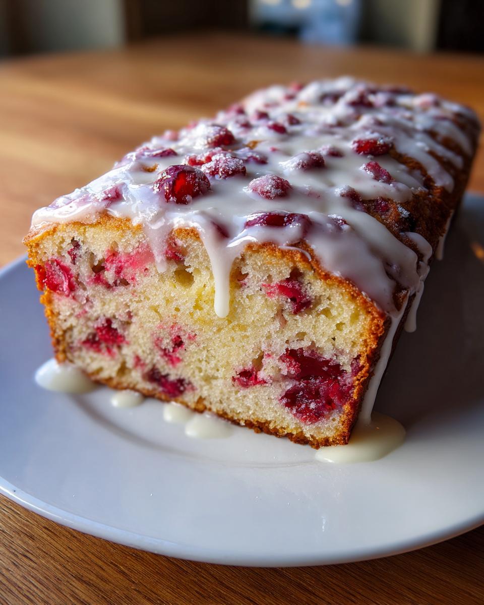A close-up of a freshly baked cranberry orange bread loaf drizzled with white glaze and topped with cranberries.