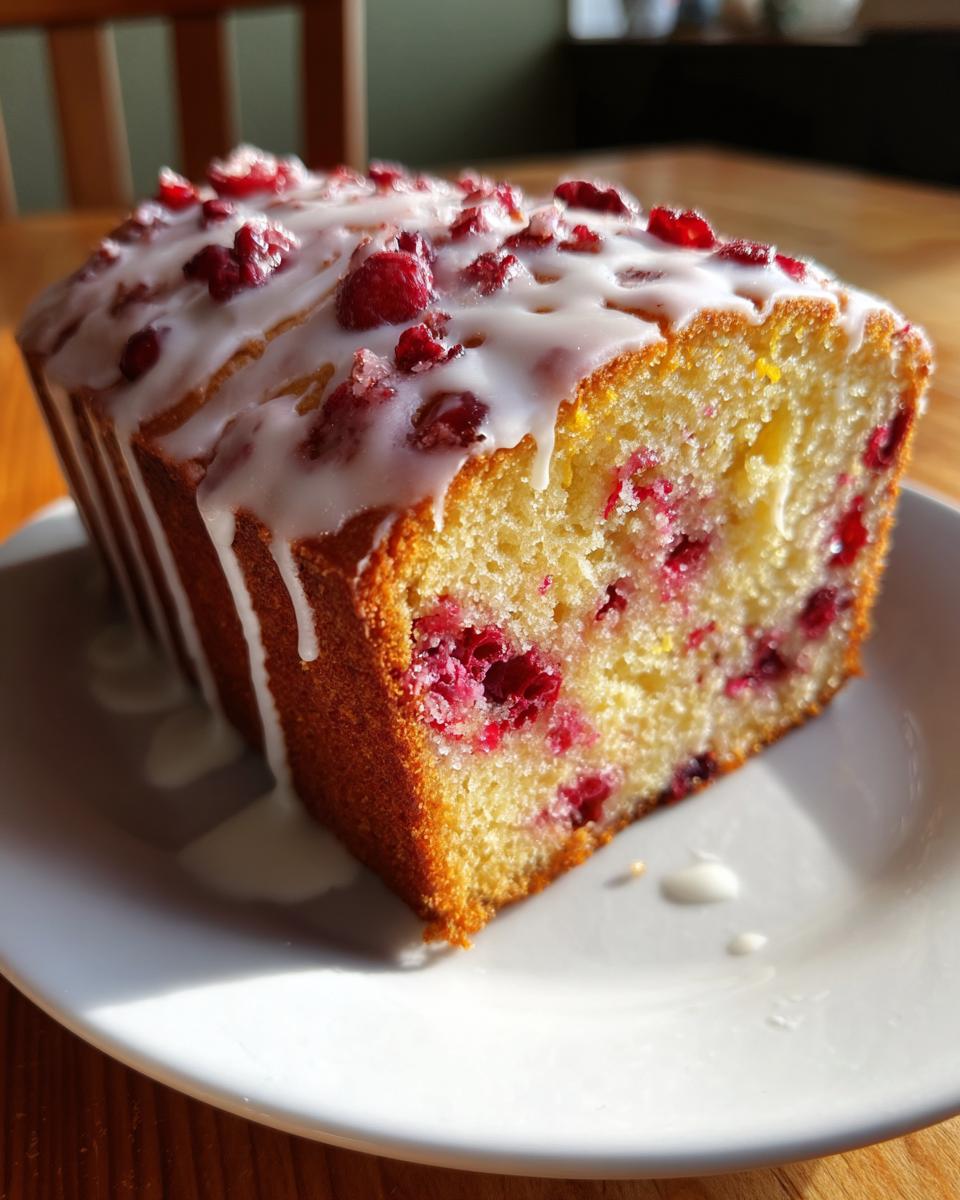 A slice of moist cranberry orange bread topped with white glaze and dried cranberries.