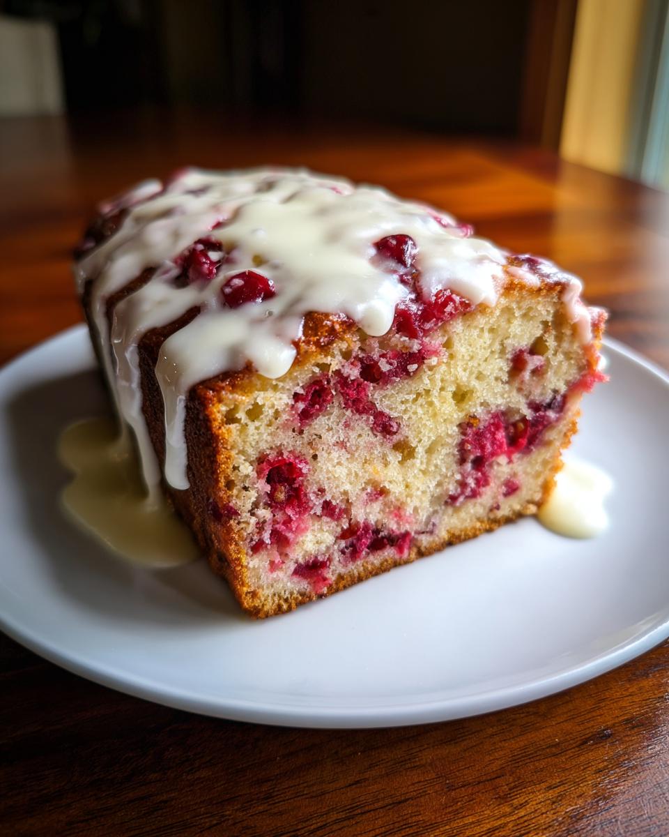 A thick slice of moist cranberry orange bread topped with a sweet white glaze and visible cranberries.