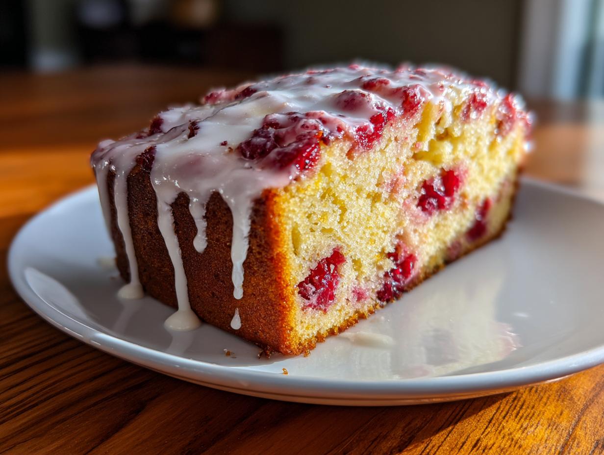 Close-up of a moist slice of cranberry orange bread topped with thick white citrus glaze.