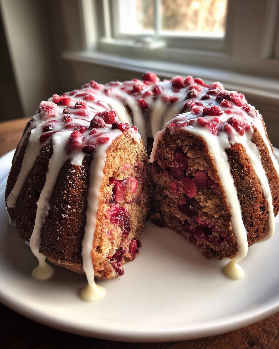 A beautiful cranberry orange cake, glazed with white icing and topped with sugared cranberries, with one slice cut out.