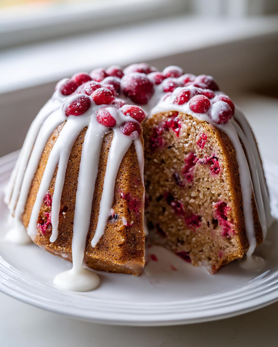 A bundt style cranberry orange cake drizzled with white glaze and topped with sugared cranberries.