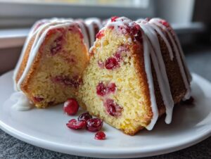 Close-up of a slice of moist cranberry orange cake topped with white citrus glaze and fresh cranberries.