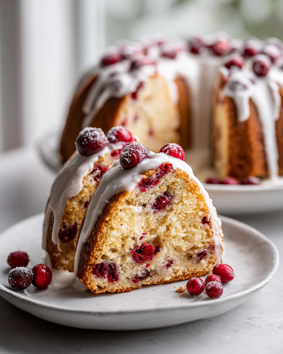 Two slices of moist cranberry orange cake topped with white glaze and fresh cranberries.