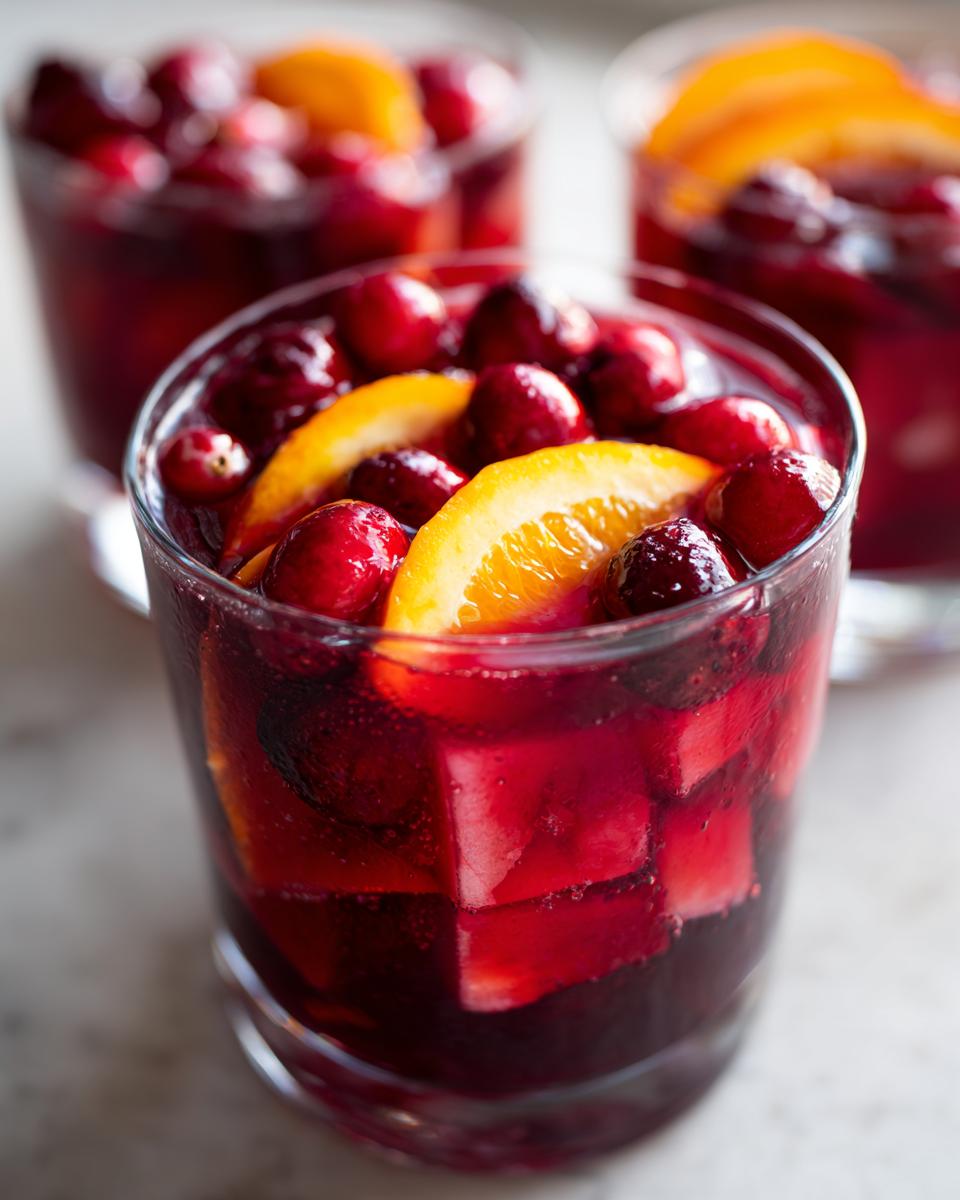 Close-up of a glass filled with dark red Thanksgiving punch, garnished with fresh cranberries and orange slices.