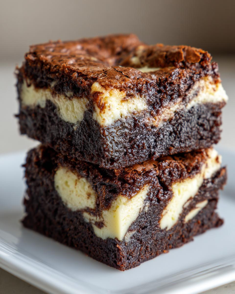 Two rich, fudgy cream cheese brownies stacked on a white plate, showing the distinct chocolate and cream cheese swirl.