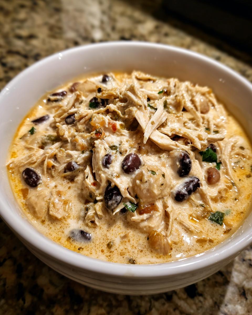 Close-up of a white bowl filled with creamy, shredded cream cheese chicken chili and black beans.