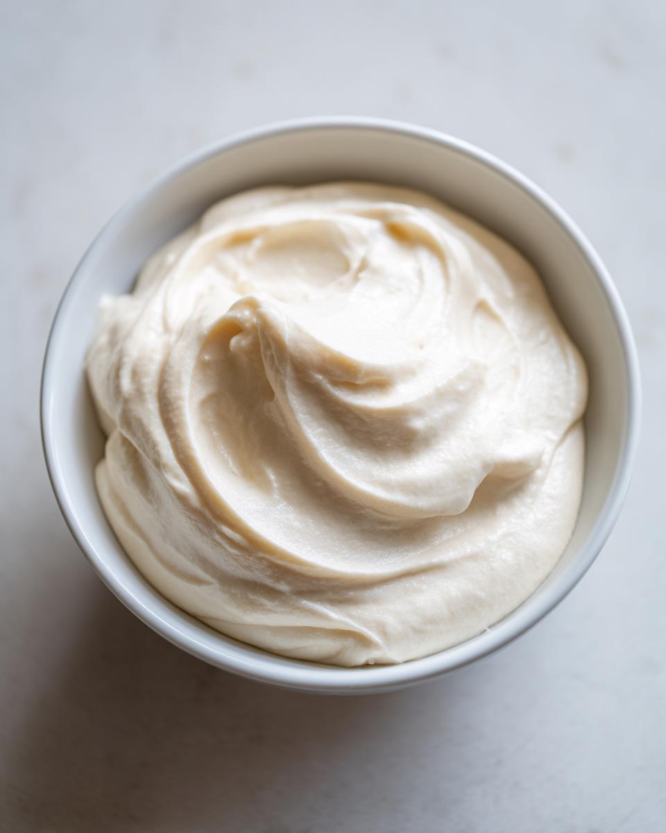A close-up of creamy, light-colored fruit dip swirled beautifully in a small white bowl.