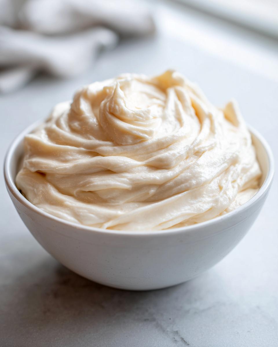 A close-up of thick, creamy, pale yellow fruit dip swirled beautifully in a small white bowl.