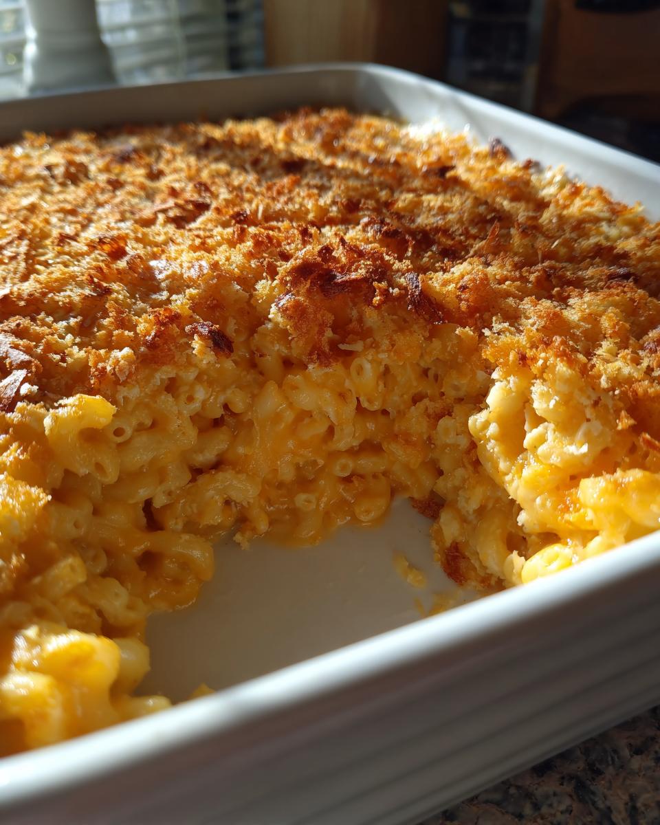 Close-up of a portion removed from a white baking dish of creamy baked mac and cheese recipe with a golden, crunchy breadcrumb topping.