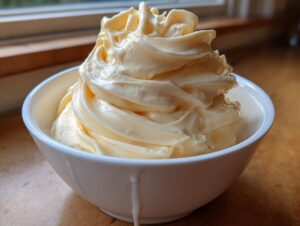 A white bowl filled with soft-serve style banana ice cream, showing creamy swirls.