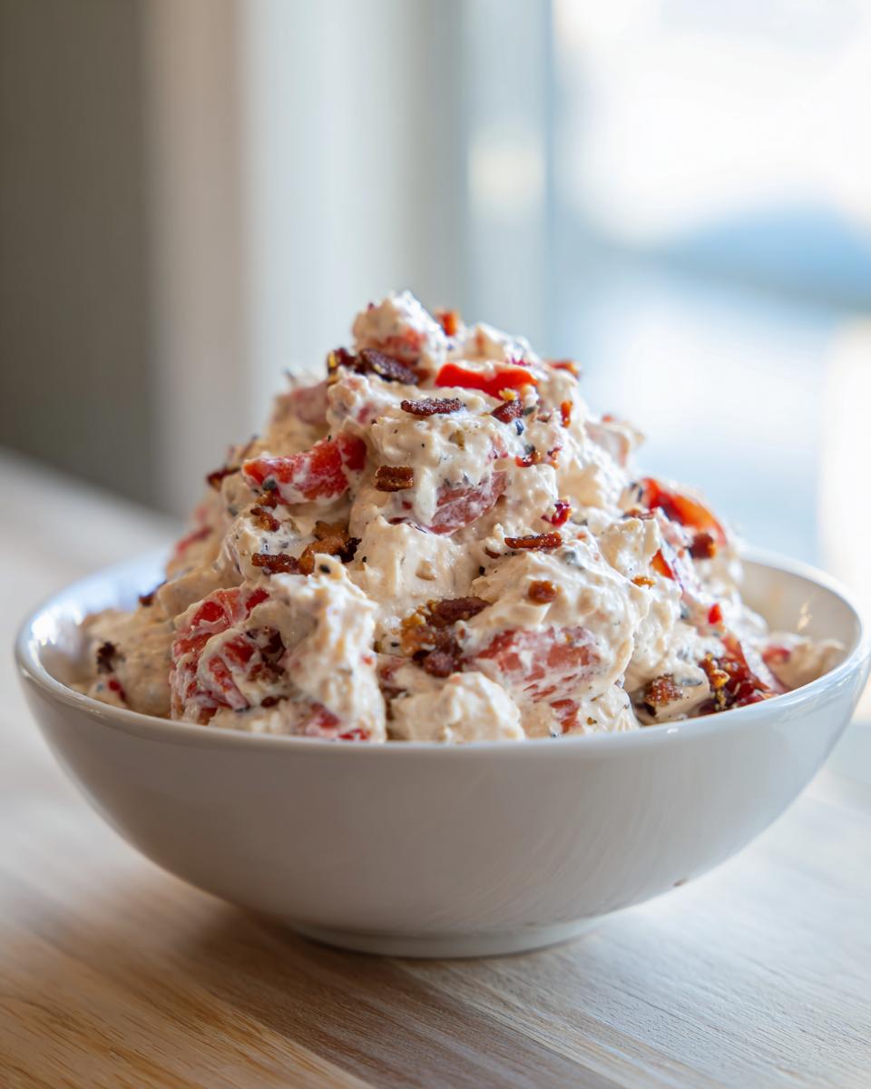 A generous serving of creamy blt chicken salad, mixed with tomatoes and topped with crispy bacon bits, in a white bowl.