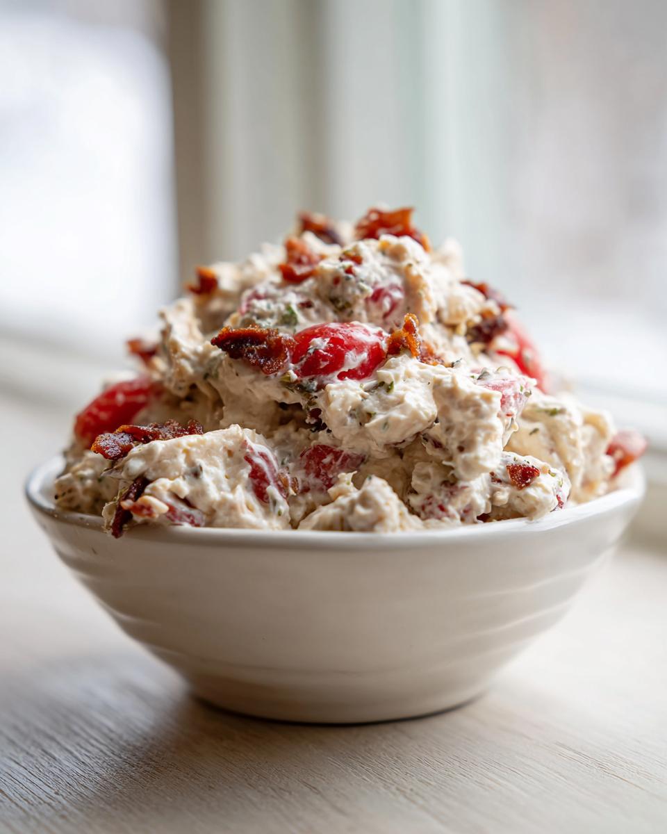 A close-up of creamy blt chicken salad mixed with tomatoes and bacon bits, served in a white bowl.
