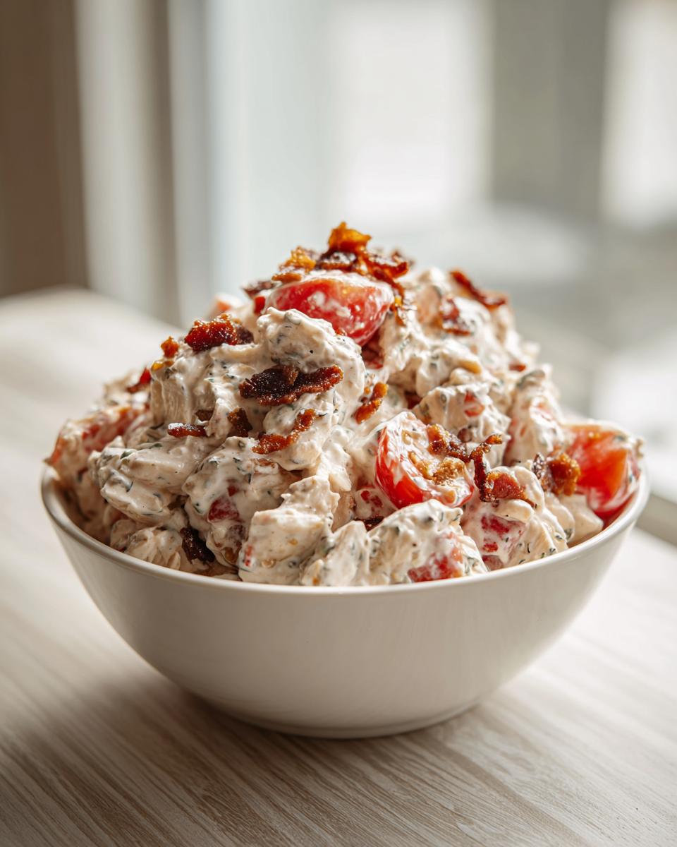 A white bowl filled high with creamy blt chicken salad, featuring chunks of chicken, tomatoes, and crispy bacon.