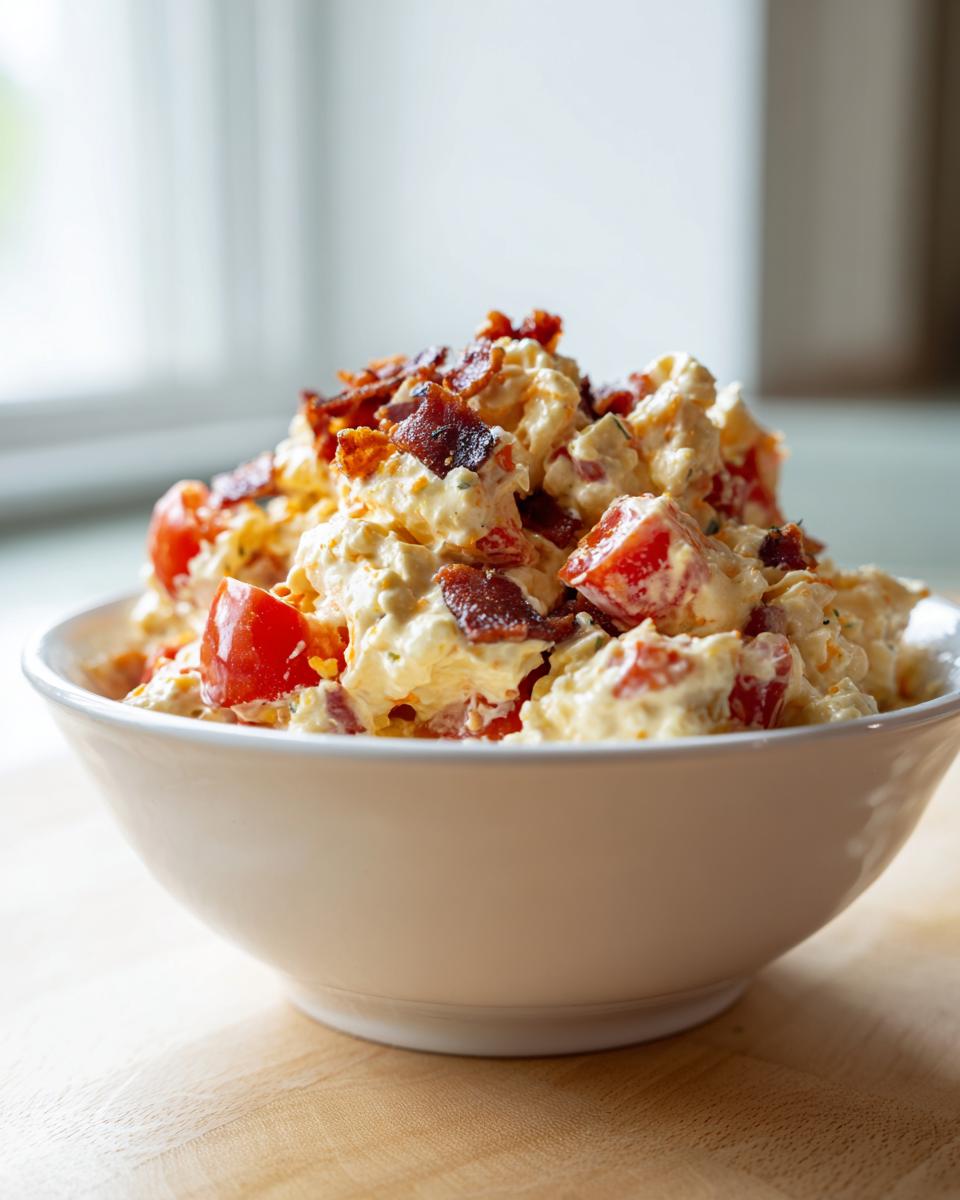 A white bowl filled high with creamy blt chicken salad, featuring chunks of tomato and crispy bacon.