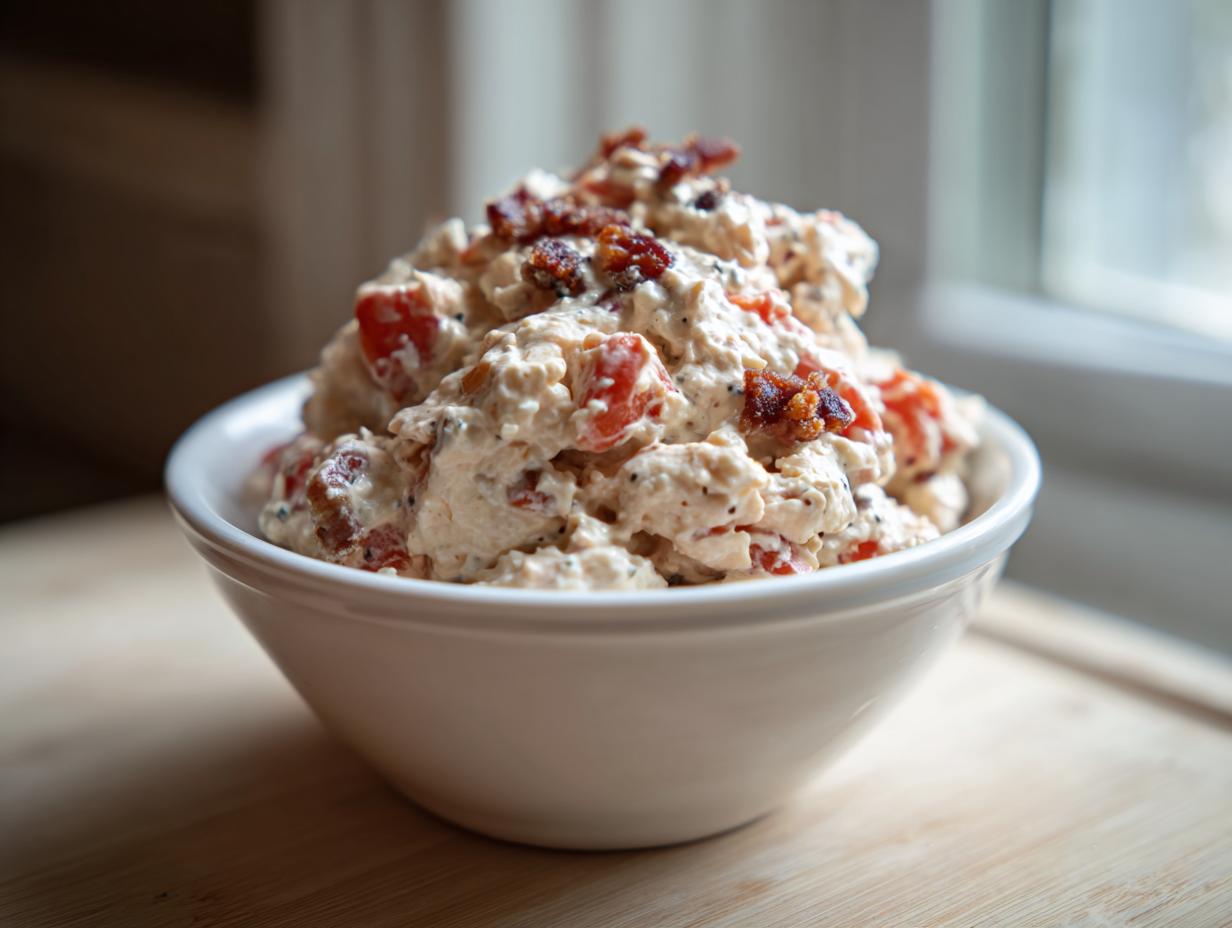 A generous serving of creamy blt chicken salad mixed with tomatoes and topped with bacon bits in a white bowl.