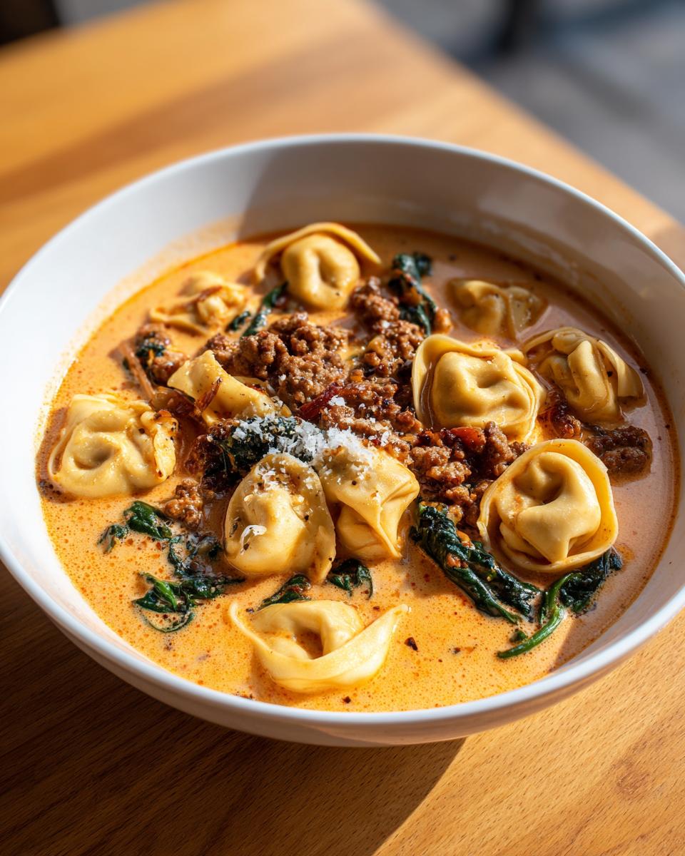 A close-up of a white bowl filled with creamy, orange-hued tortellini soup featuring sausage, spinach, and grated Parmesan cheese.