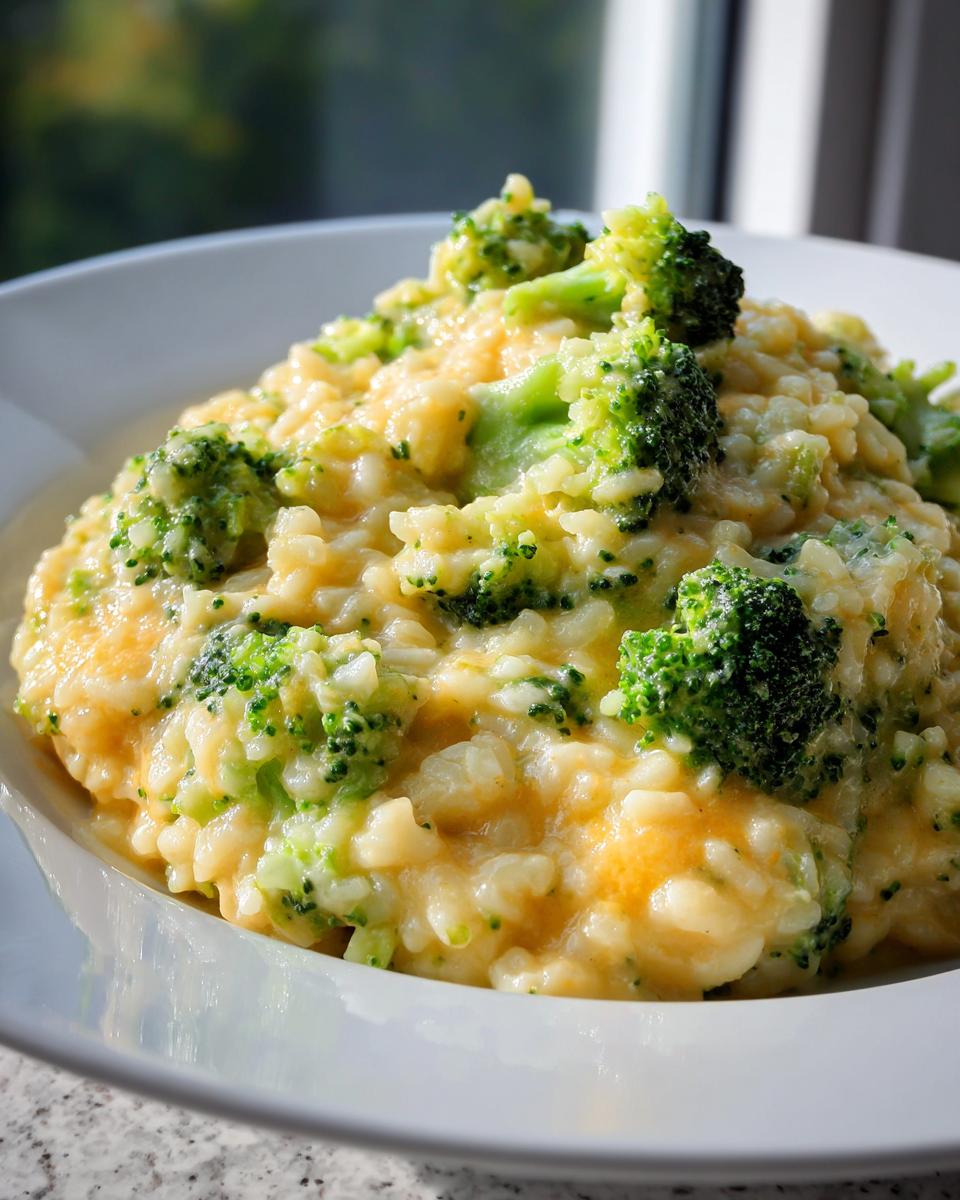 Close-up of creamy, cheesy broccoli rice topped with bright green broccoli florets in a white bowl.