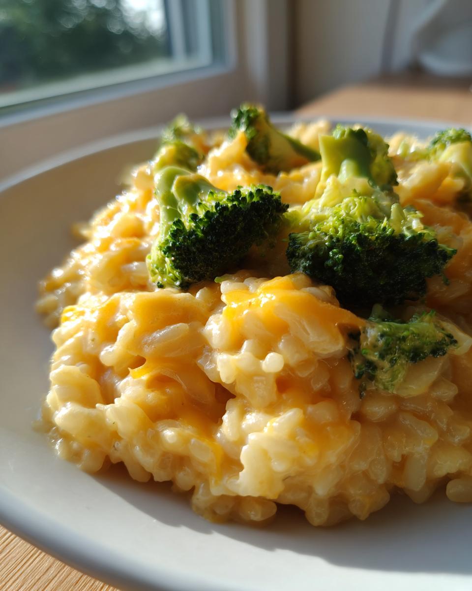 Close-up of creamy, cheesy broccoli rice topped with bright green steamed broccoli florets.