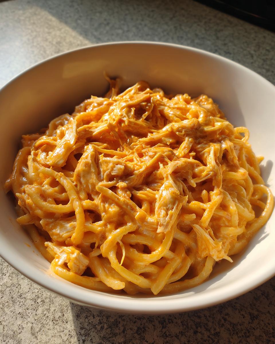 Close-up of creamy, orange-sauced buffalo chicken pasta served in a white bowl.