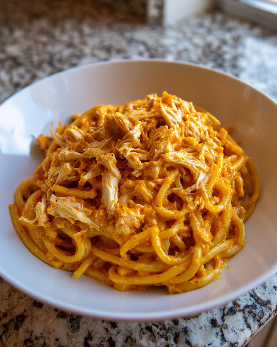 Close-up of creamy, orange-sauced pasta topped with shredded buffalo chicken in a white bowl.