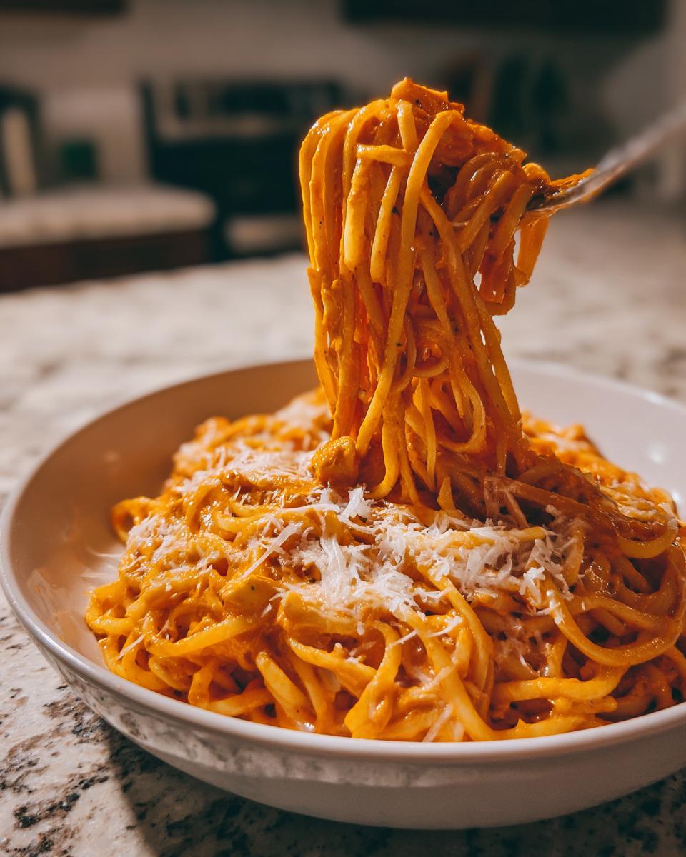 A fork lifting a large twirl of creamy, orange-sauced buffalo chicken pasta from a white bowl, topped with shredded cheese.