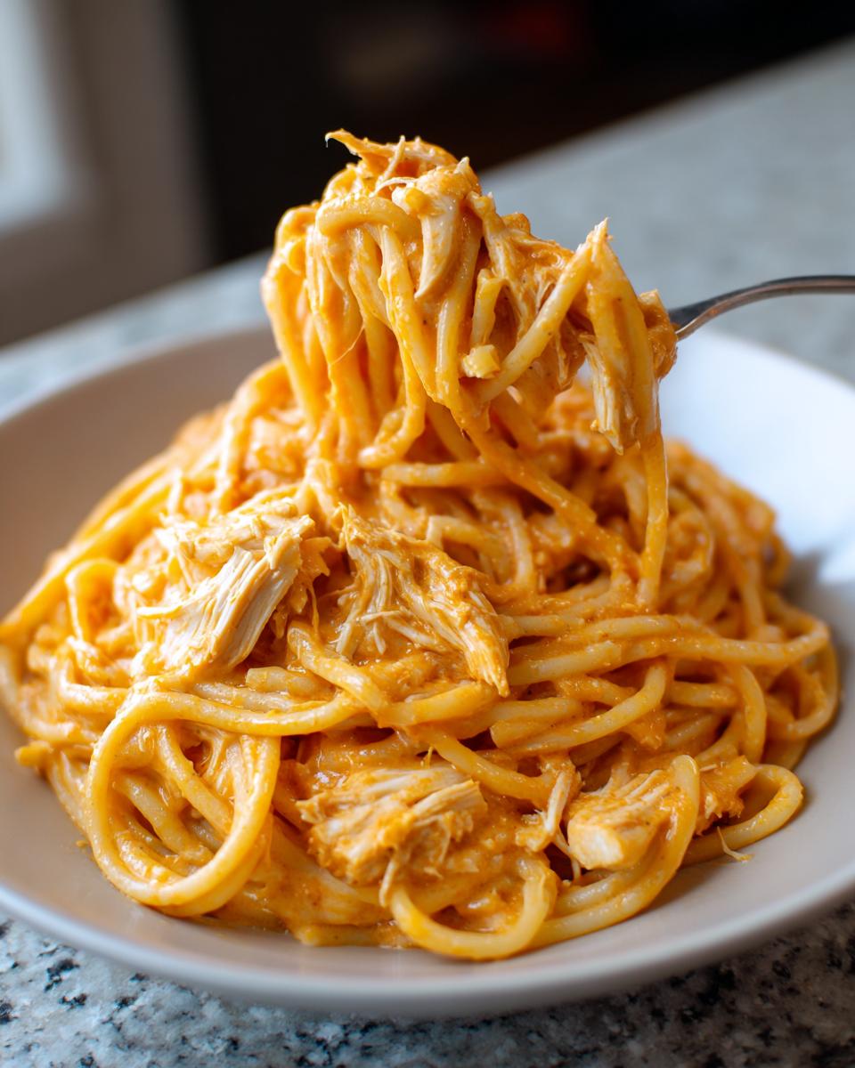 A fork lifts a large twirl of creamy, orange-sauced pasta mixed with shredded buffalo chicken from a bowl.