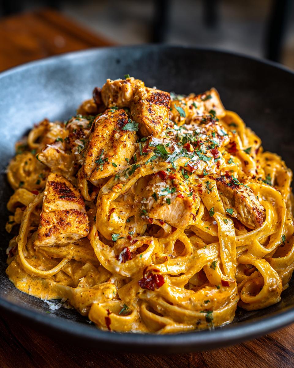 Close-up of creamy cajun chicken pasta featuring fettuccine coated in orange sauce, topped with seasoned chicken pieces and parsley.