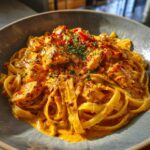 A close-up, appetizing shot of creamy cajun chicken pasta featuring fettuccine noodles and seasoned chicken chunks.