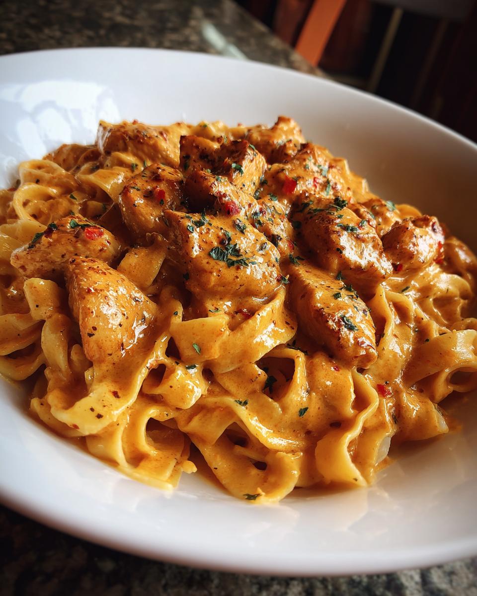 A close-up shot of creamy cajun chicken pasta featuring fettuccine noodles coated in a rich orange sauce with seasoned chicken pieces.