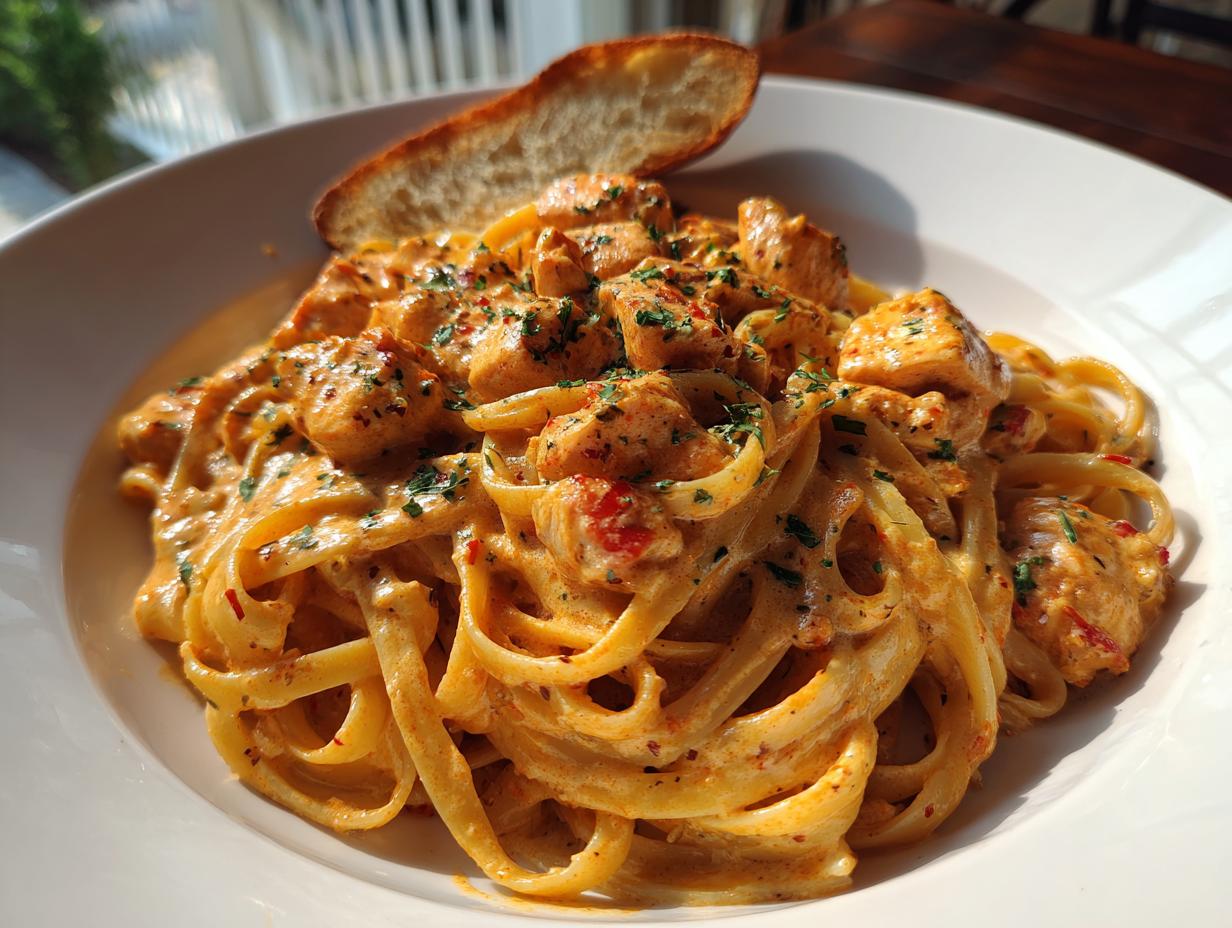 A close-up of creamy cajun chicken pasta featuring fettuccine coated in a rich orange sauce with diced chicken and parsley.