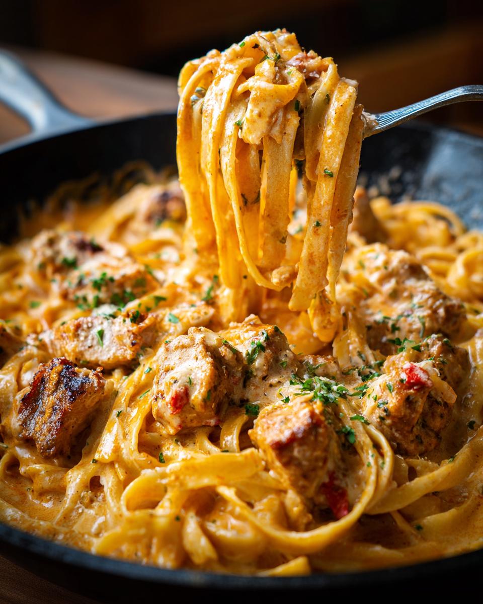 A fork lifting fettuccine noodles coated in rich sauce from a pan of creamy cajun chicken pasta.