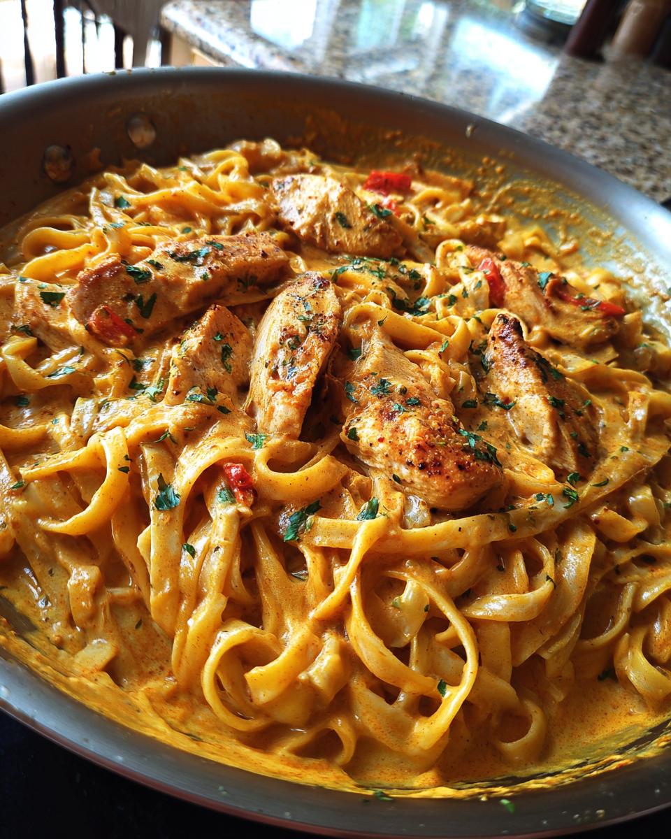 Close-up of creamy cajun chicken pasta with fettuccine noodles and seasoned chicken pieces in a skillet.